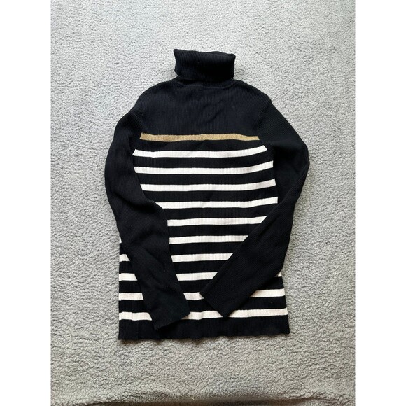 RALPH LAUREN Black White Gold Striped Cotton Logo Ribbed Turtleneck Sweater M - Picture 5 of 6